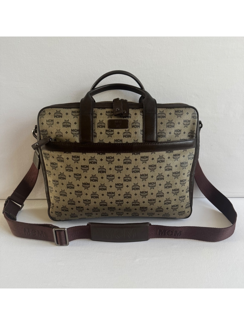 MCM Vintage Visetos Monogram Briefcase Business Bag Brown Leather